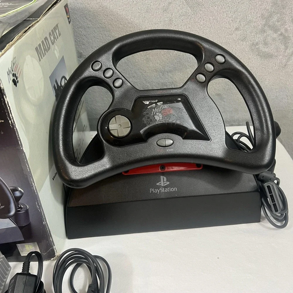 Sony PlayStation 1 SCPH-5501 Console Mad Catz Wheel Pedals PS1 7 Disc Lot